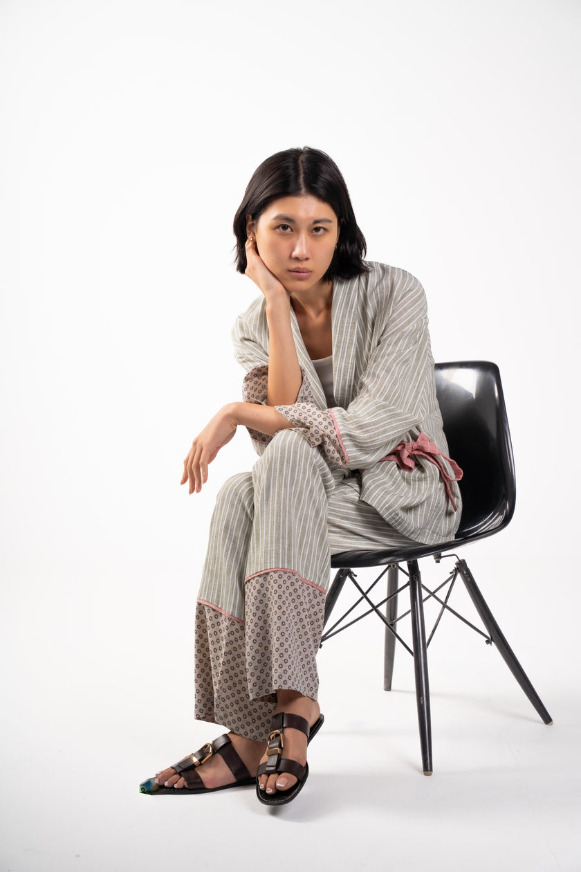 Olive Linen shirt with dotted sleeve