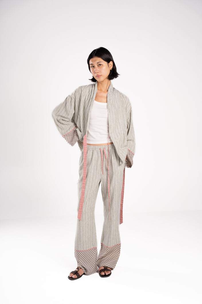 Olive Linen Pants with dotted leg