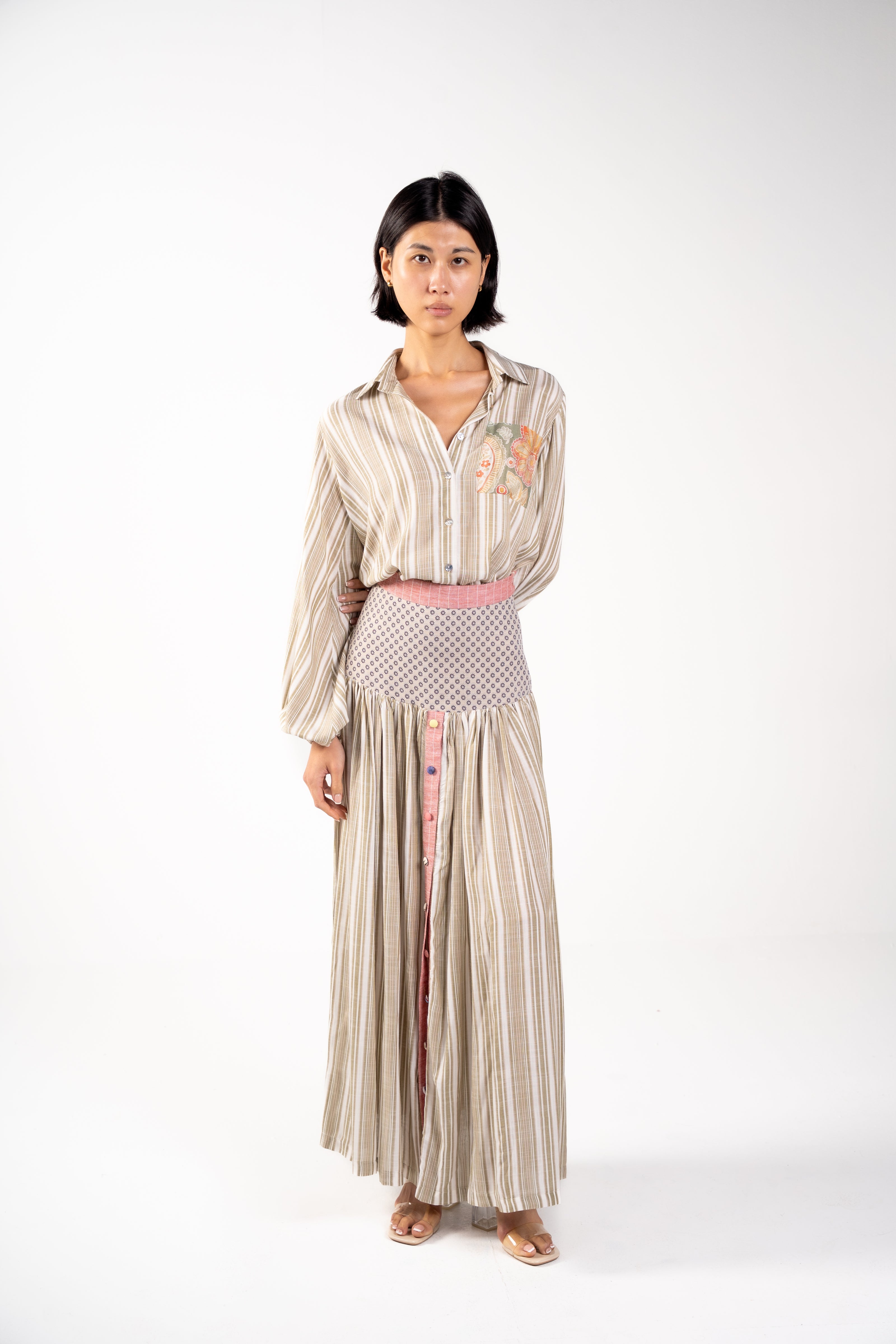 Beige Linen shirt with floral pocket