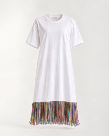 Bloom Gardens Fringe T-Shirt Dress – White / Multicolor Fringe