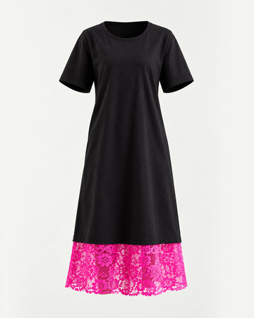 Bloom Gardens Lace Black T-Shirt Dress Fuchsia Lace