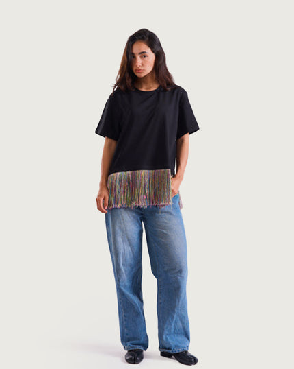 Bloom Gardens Fringe T-Shirt – Black / Multicolor Fringe