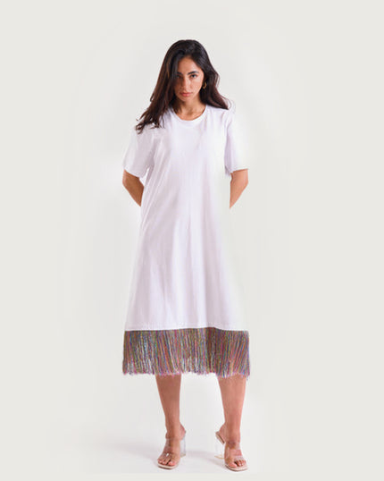 Bloom Gardens Fringe T-Shirt Dress – White / Multicolor Fringe