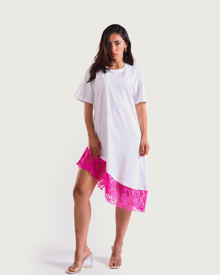 Bloom Gardens Lace T-Shirt Dress – White / Fuchsia Lace