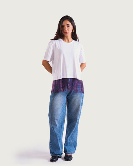 Bloom Gardens Fringe T-Shirt – White / Purple Fringe