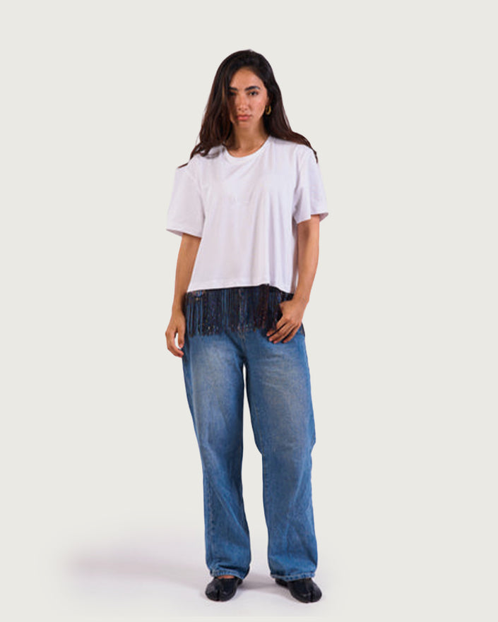 Bloom Gardens Fringe T-Shirt – White / Midnight Fringe