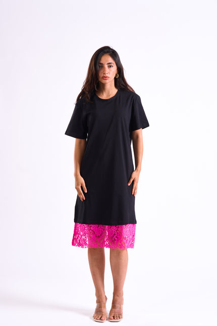 Bloom Gardens Lace Black T-Shirt Dress Fuchsia Lace