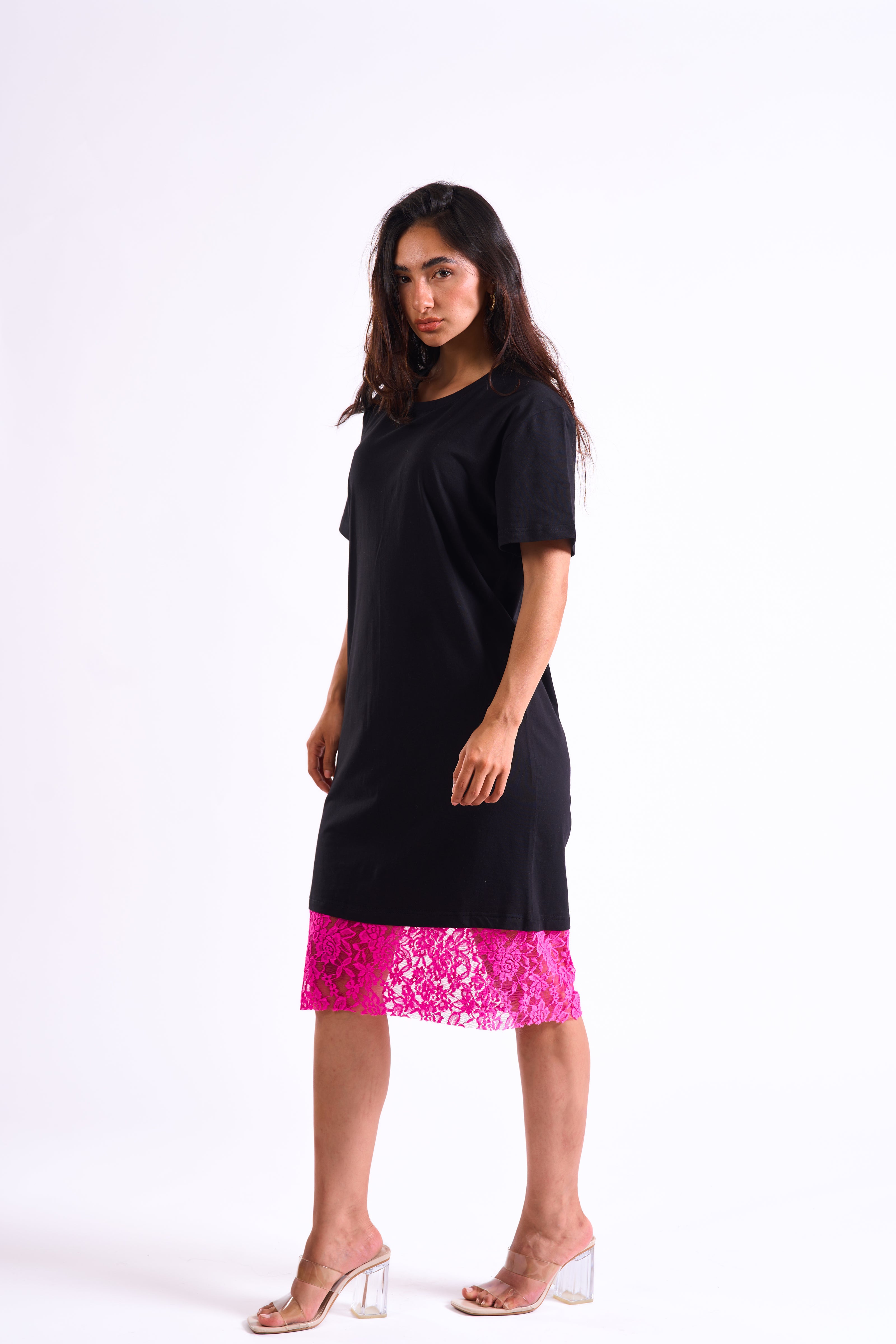 Bloom Gardens Lace Black T-Shirt Dress Fuchsia Lace