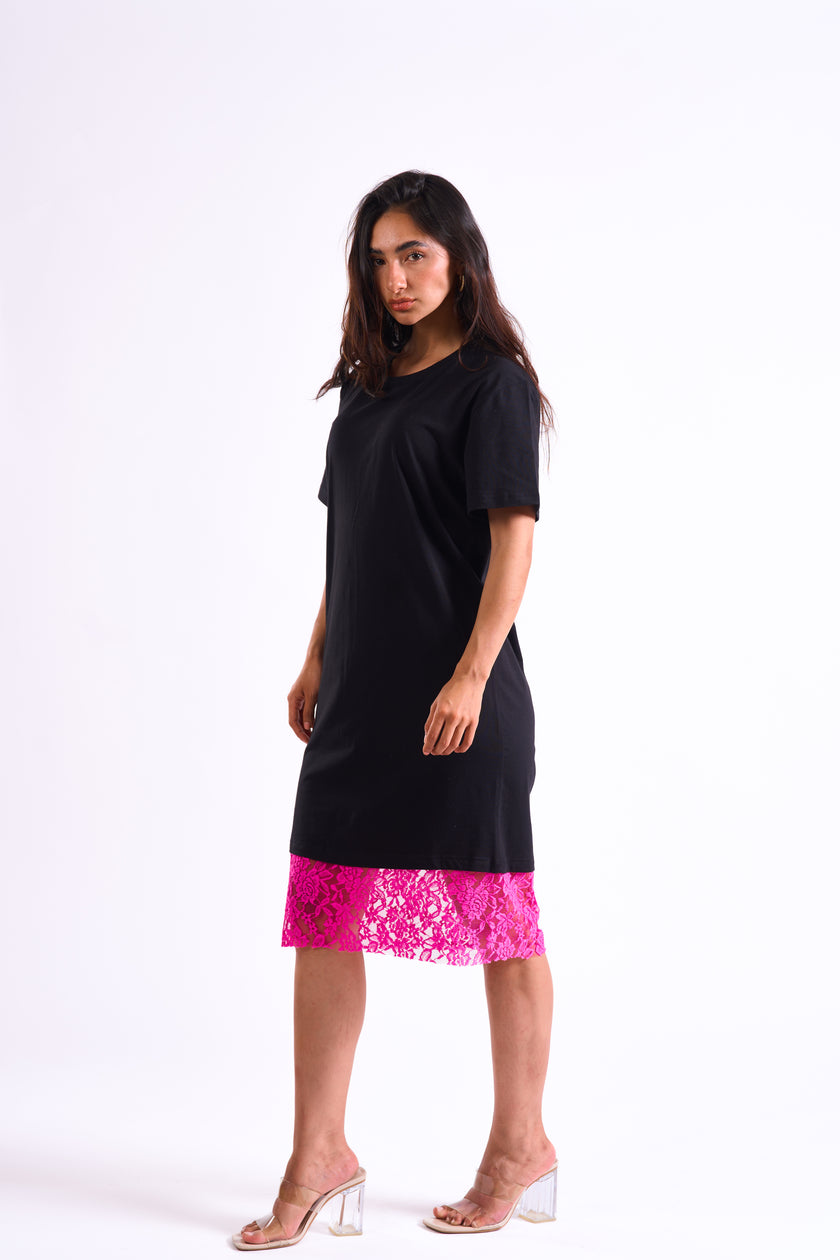 Bloom Gardens Lace Black T-Shirt Dress Fuchsia Lace