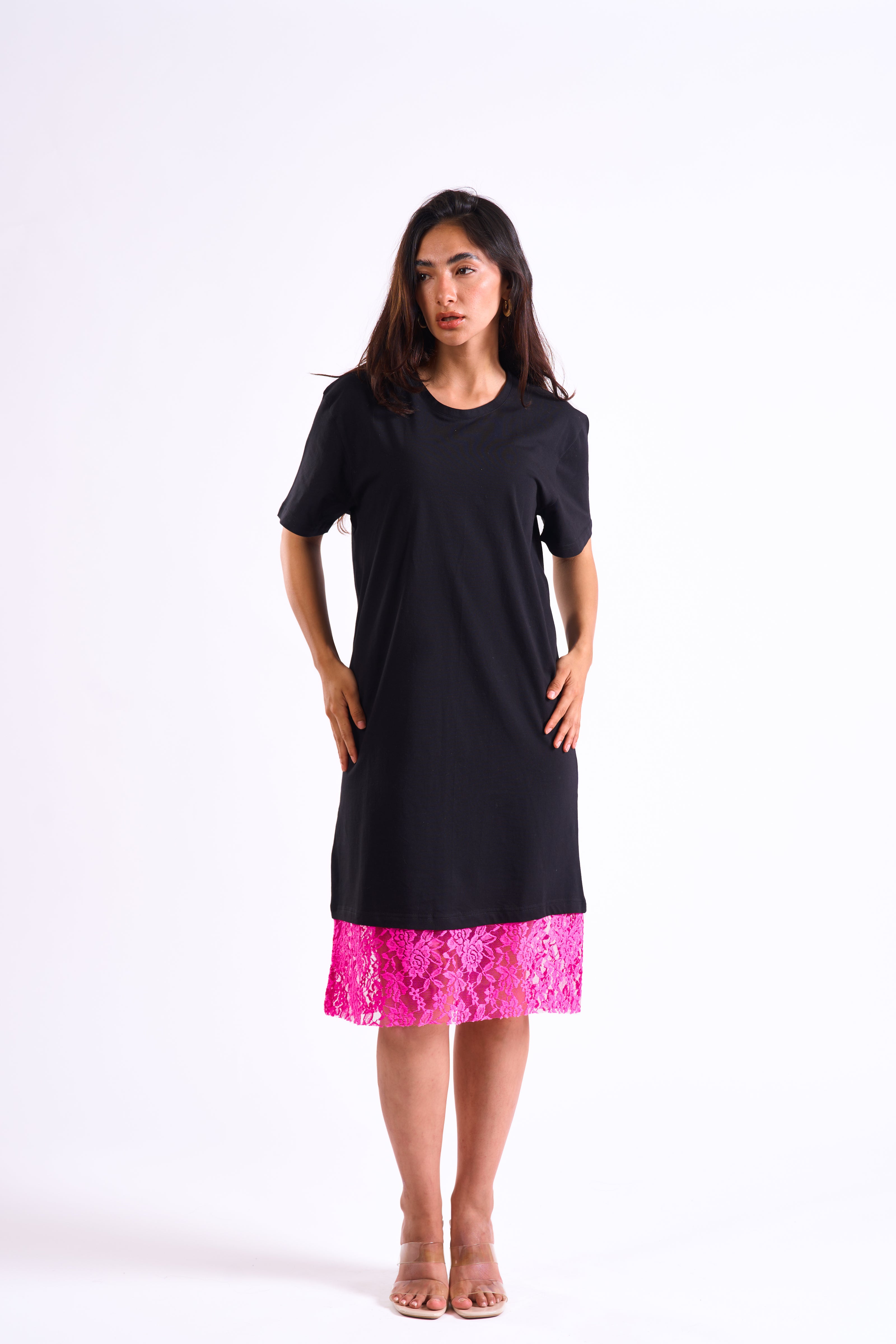 Bloom Gardens Lace Black T-Shirt Dress Fuchsia Lace