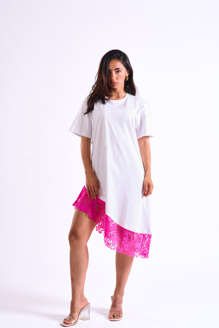 Bloom Gardens Lace T-Shirt Dress – White / Fuchsia Lace