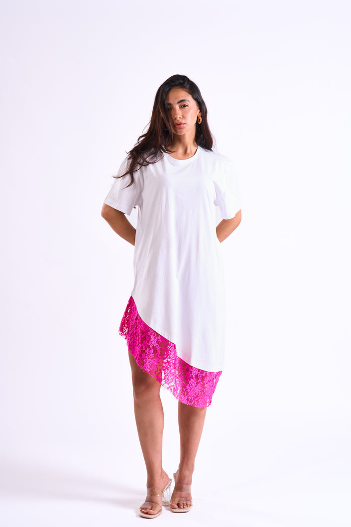 Bloom Gardens Lace T-Shirt Dress – White / Fuchsia Lace