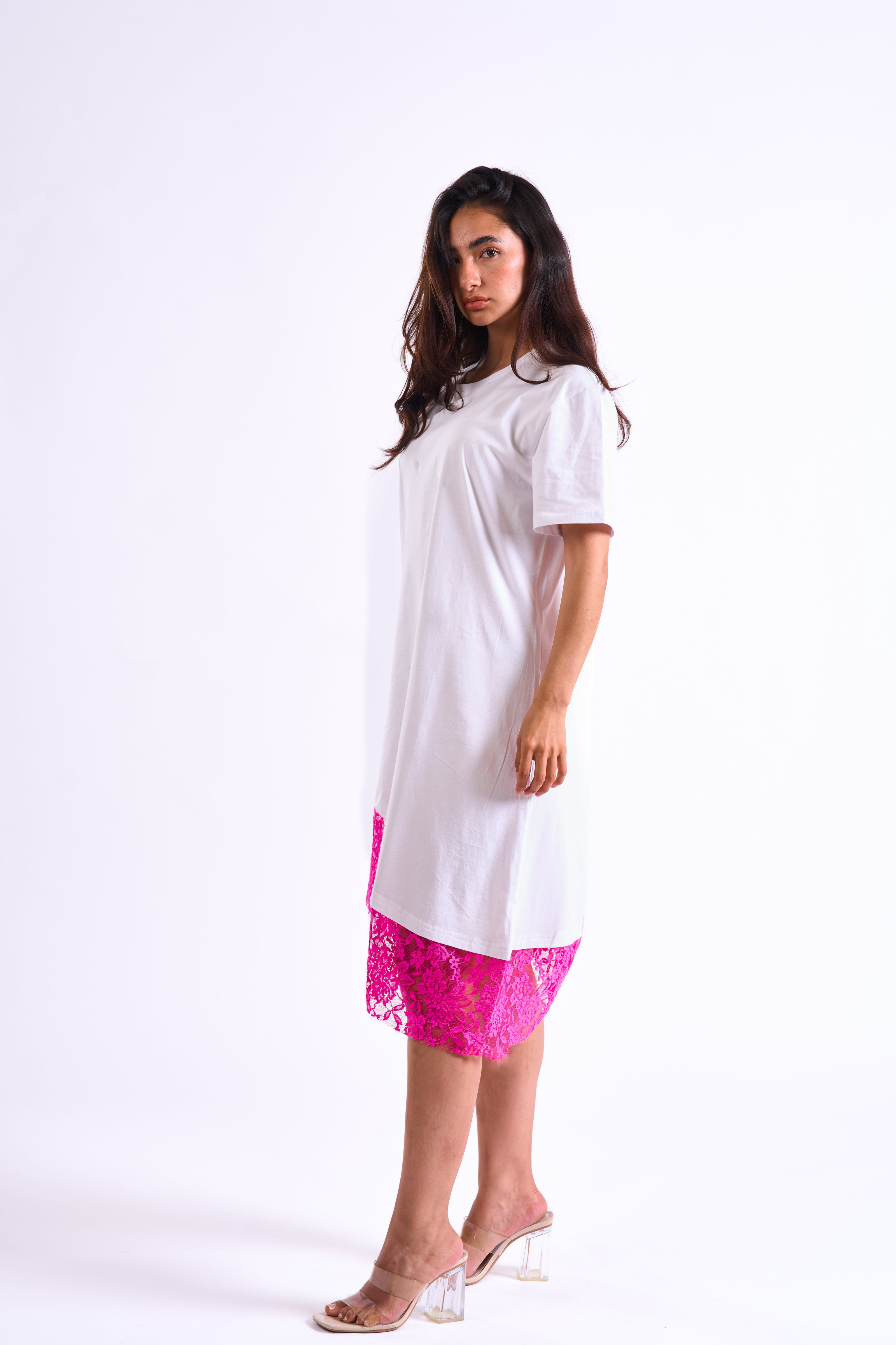 Bloom Gardens Lace T-Shirt Dress – White / Fuchsia Lace