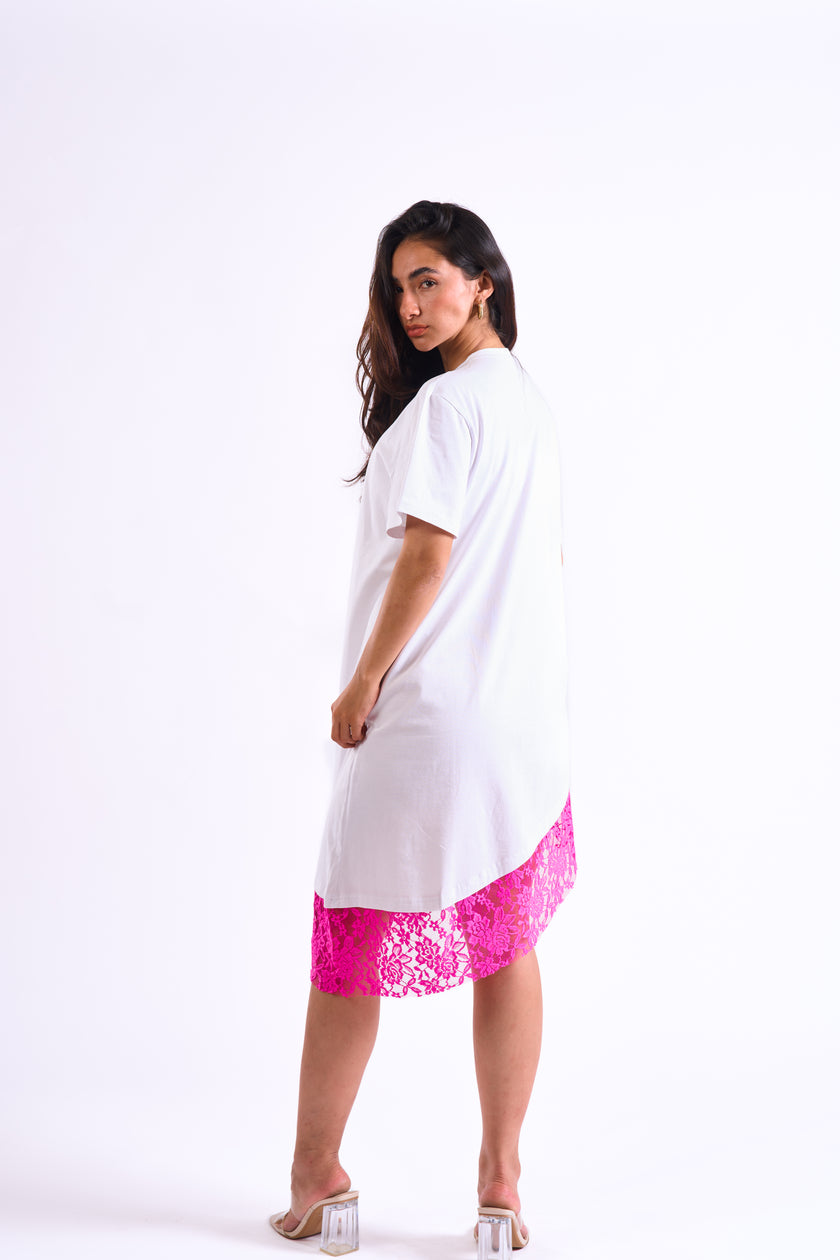 Bloom Gardens Lace T-Shirt Dress – White / Fuchsia Lace