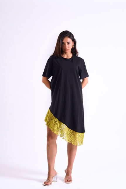 Bloom Gardens Lace Black T-Shirt Dress Lime Lace
