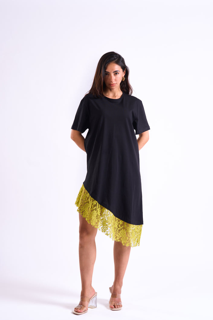 Bloom Gardens Lace Black T-Shirt Dress Lime Lace