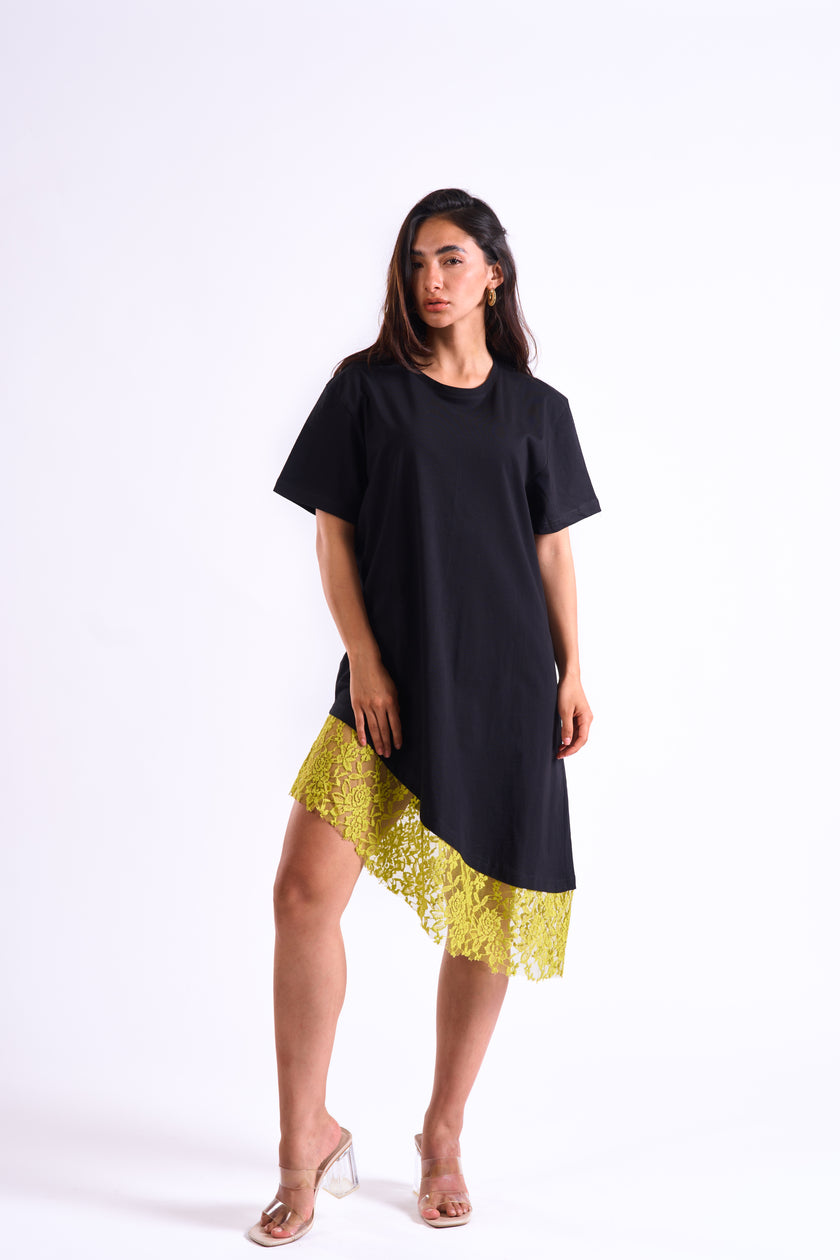 Bloom Gardens Lace Black T-Shirt Dress Lime Lace