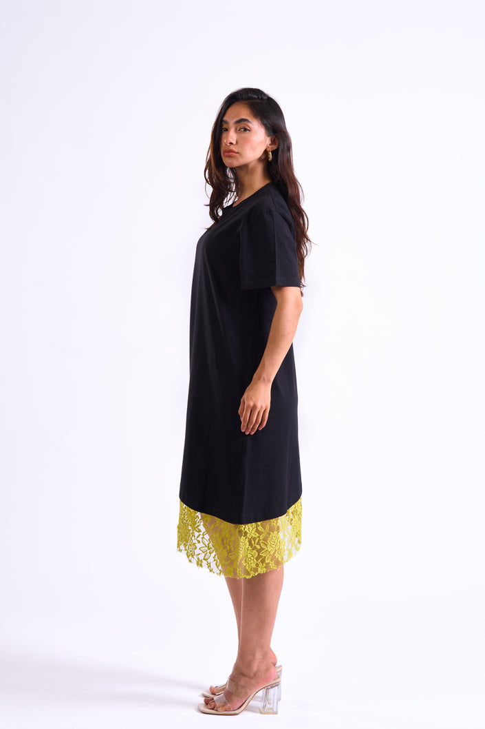 Bloom Gardens Lace Black T-Shirt Dress Lime Lace