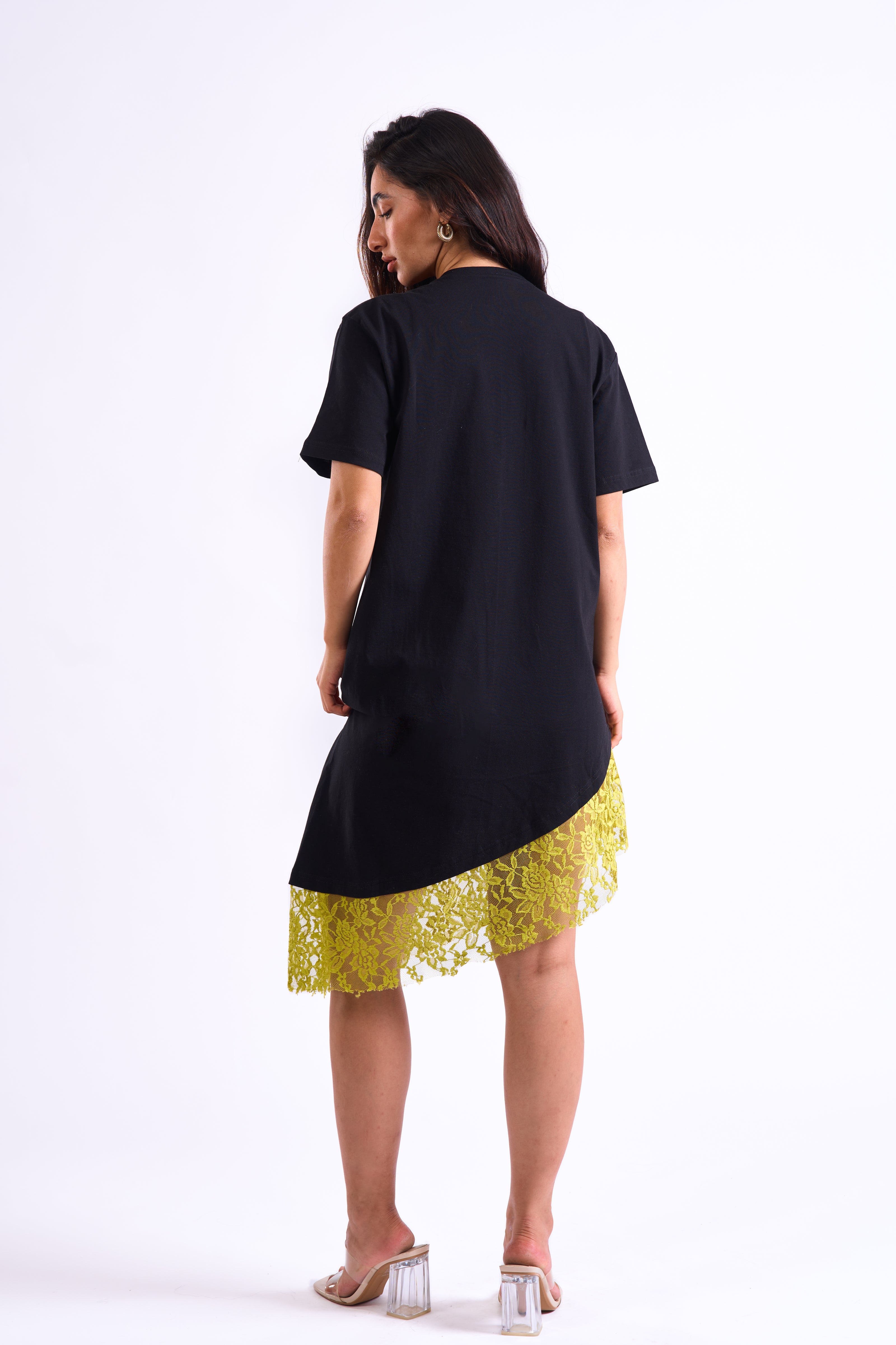 Bloom Gardens Lace Black T-Shirt Dress Lime Lace