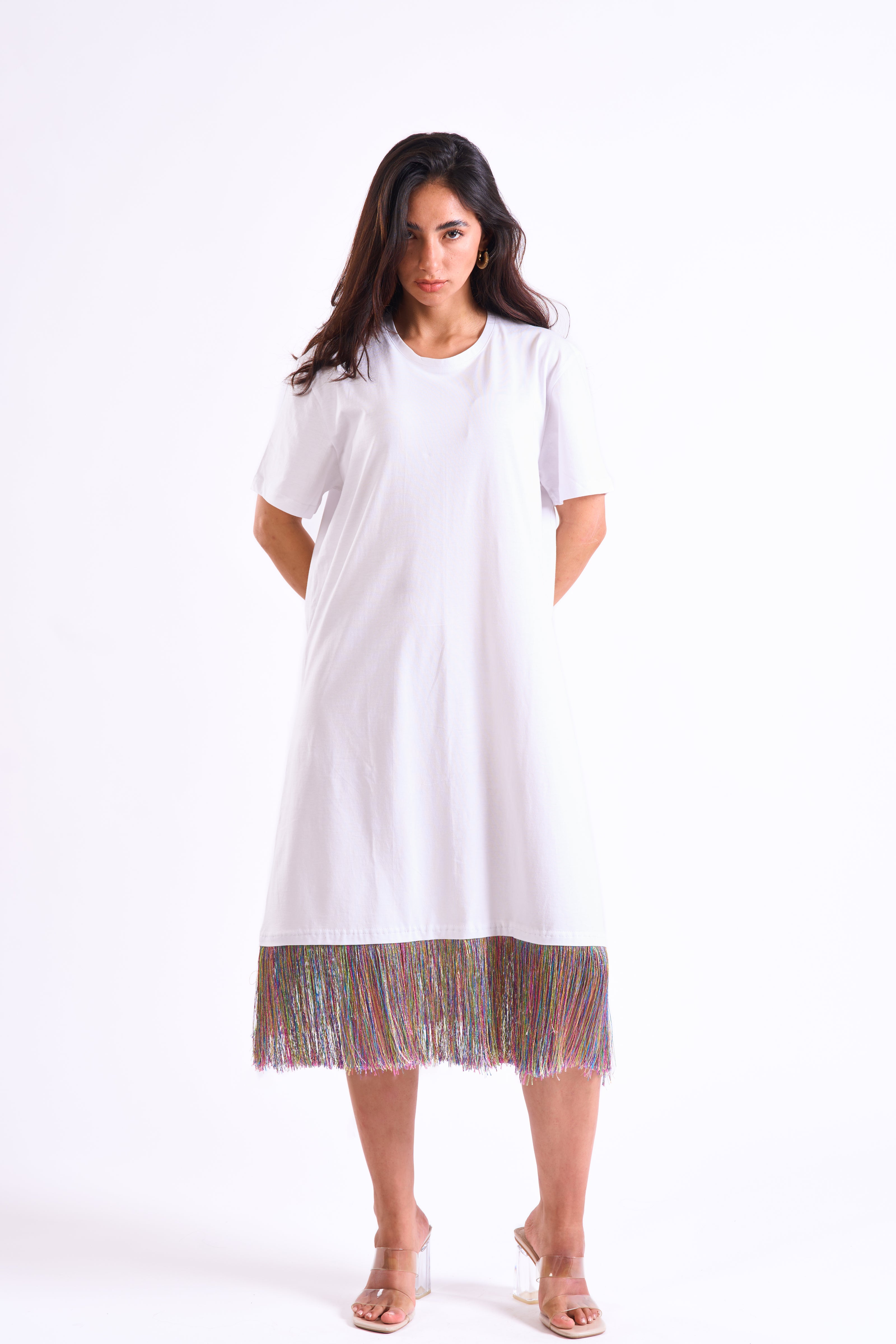 Bloom Gardens Fringe T-Shirt Dress – White / Multicolor Fringe