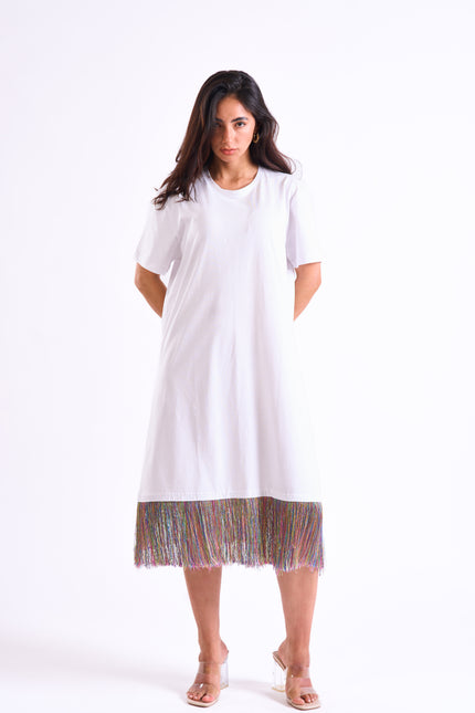 Bloom Gardens Fringe T-Shirt Dress – White / Multicolor Fringe