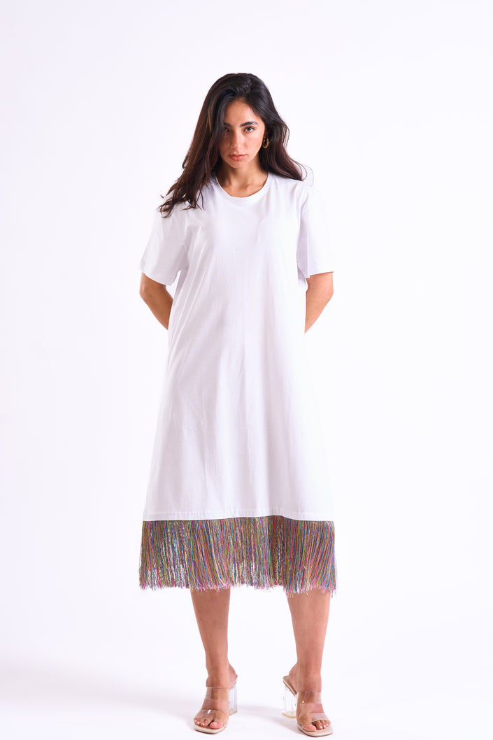 Bloom Gardens Fringe T-Shirt Dress – White / Multicolor Fringe