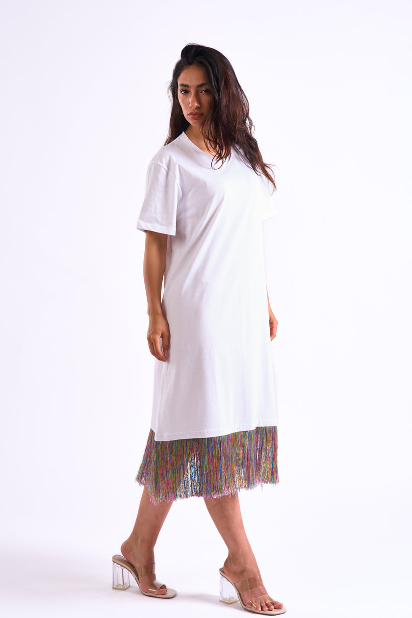 Bloom Gardens Fringe T-Shirt Dress – White / Multicolor Fringe