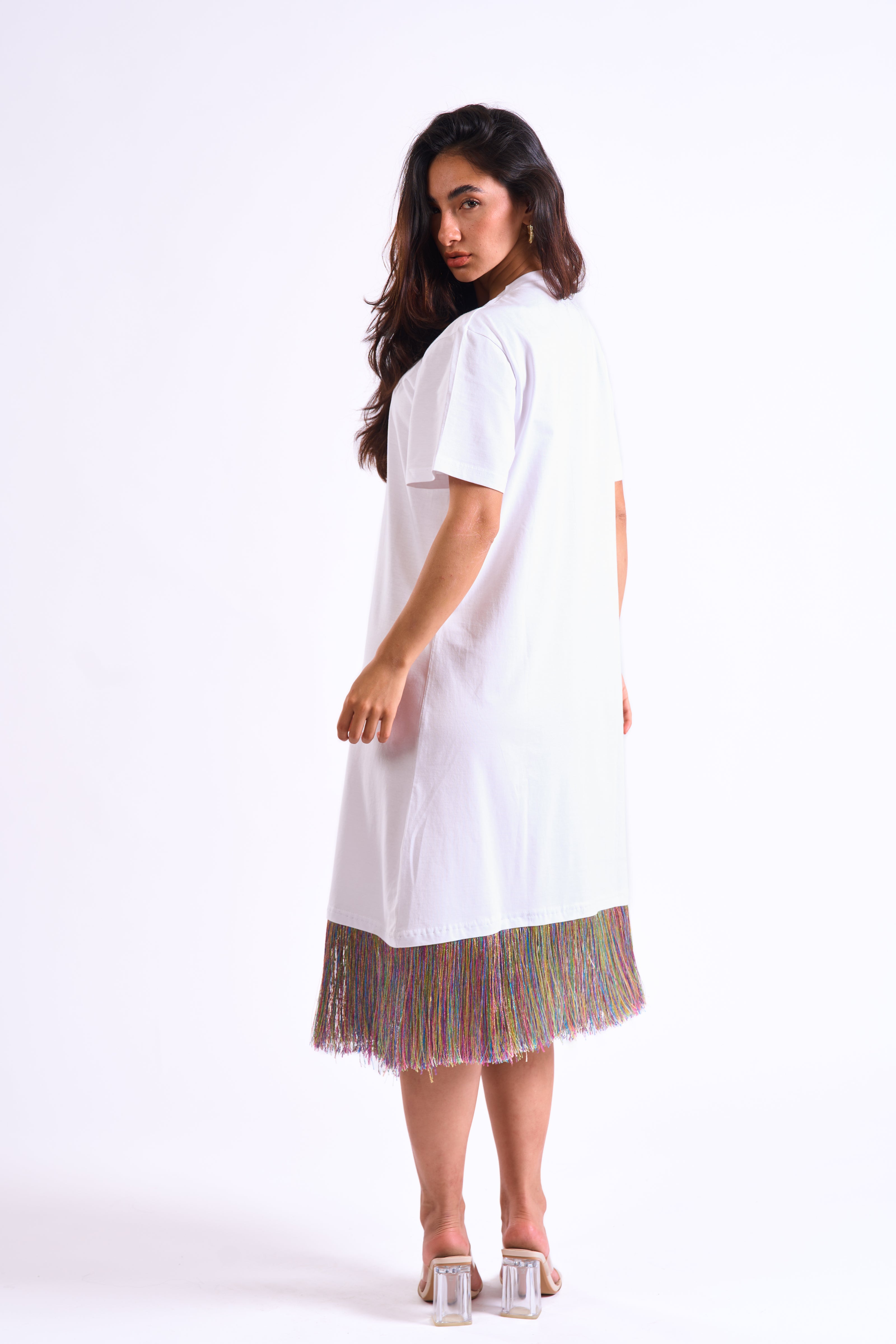 Bloom Gardens Fringe T-Shirt Dress – White / Multicolor Fringe