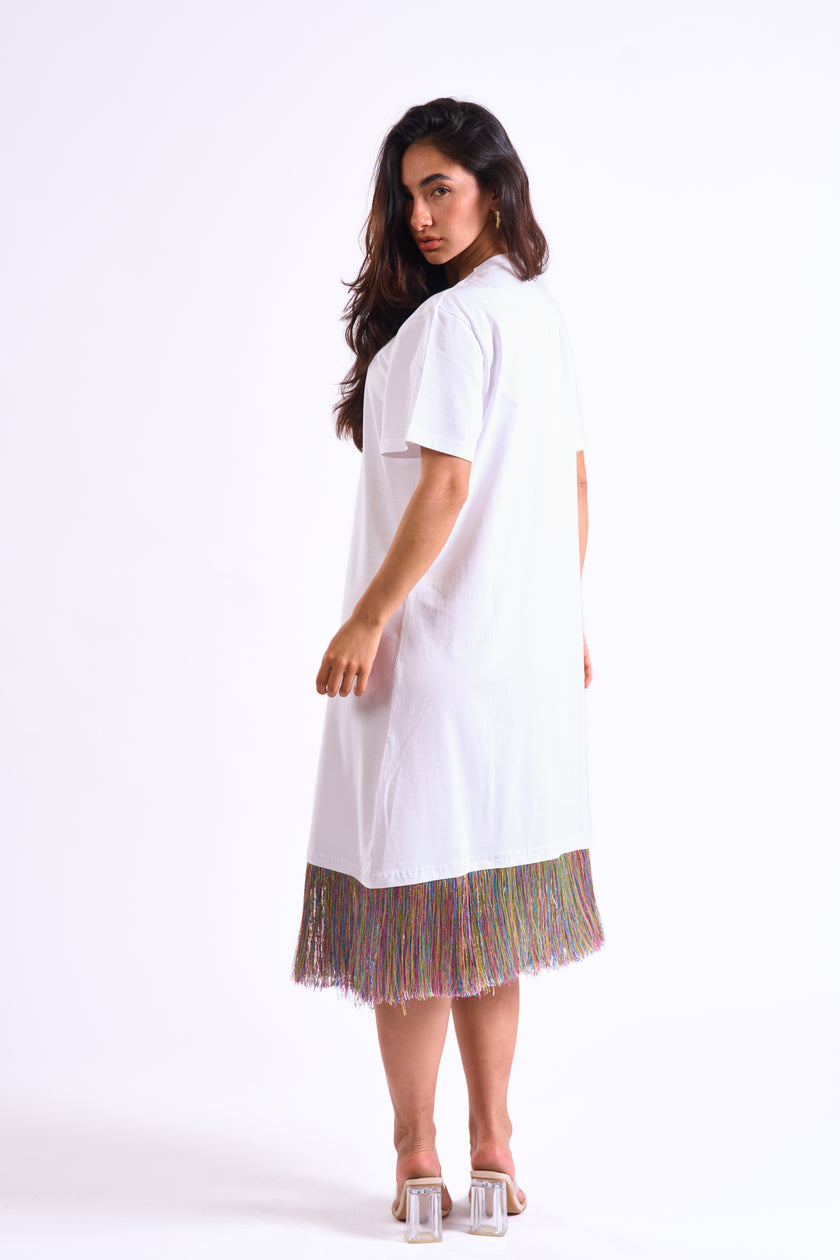 Bloom Gardens Fringe T-Shirt Dress – White / Multicolor Fringe
