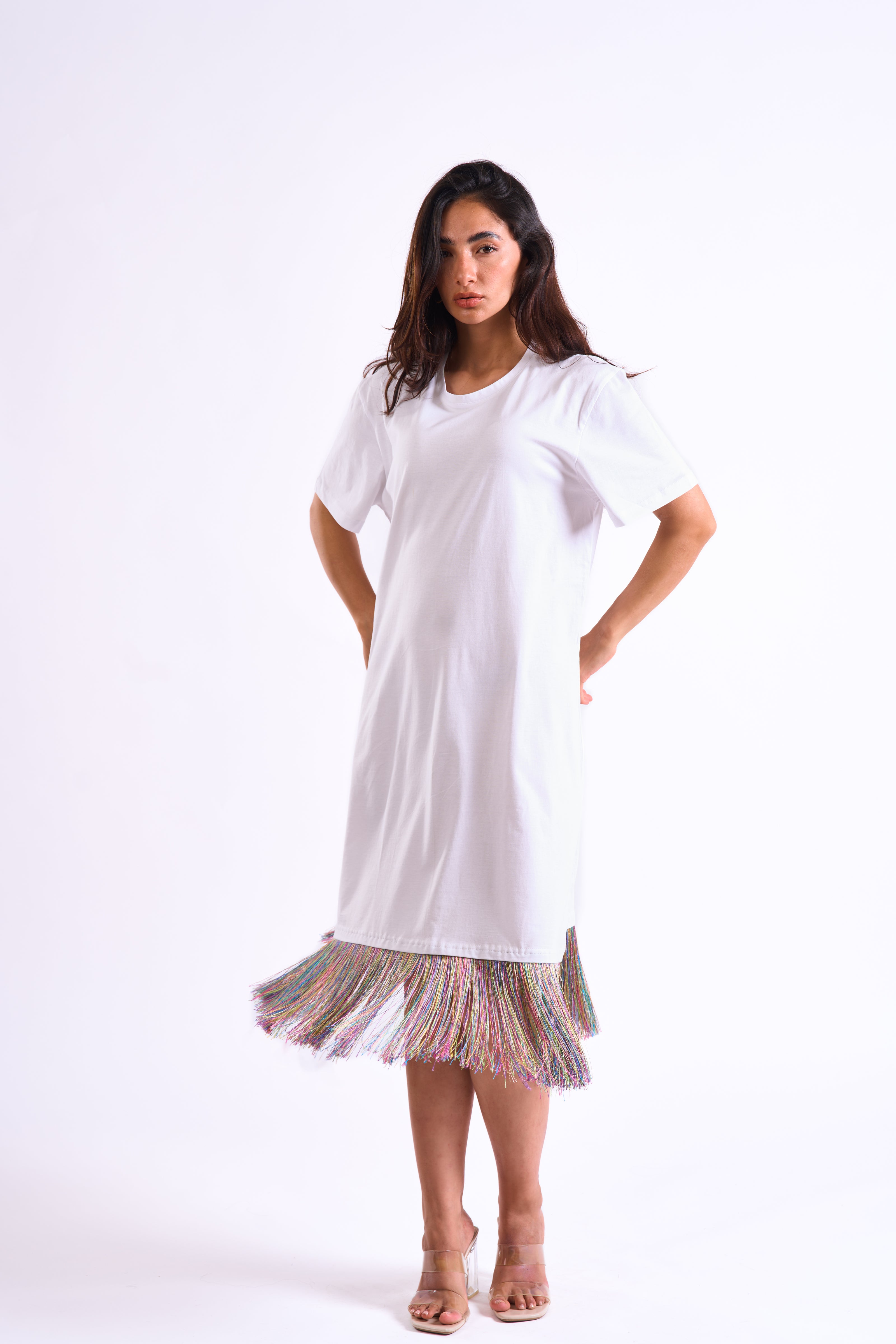 Bloom Gardens Fringe T-Shirt Dress – White / Multicolor Fringe