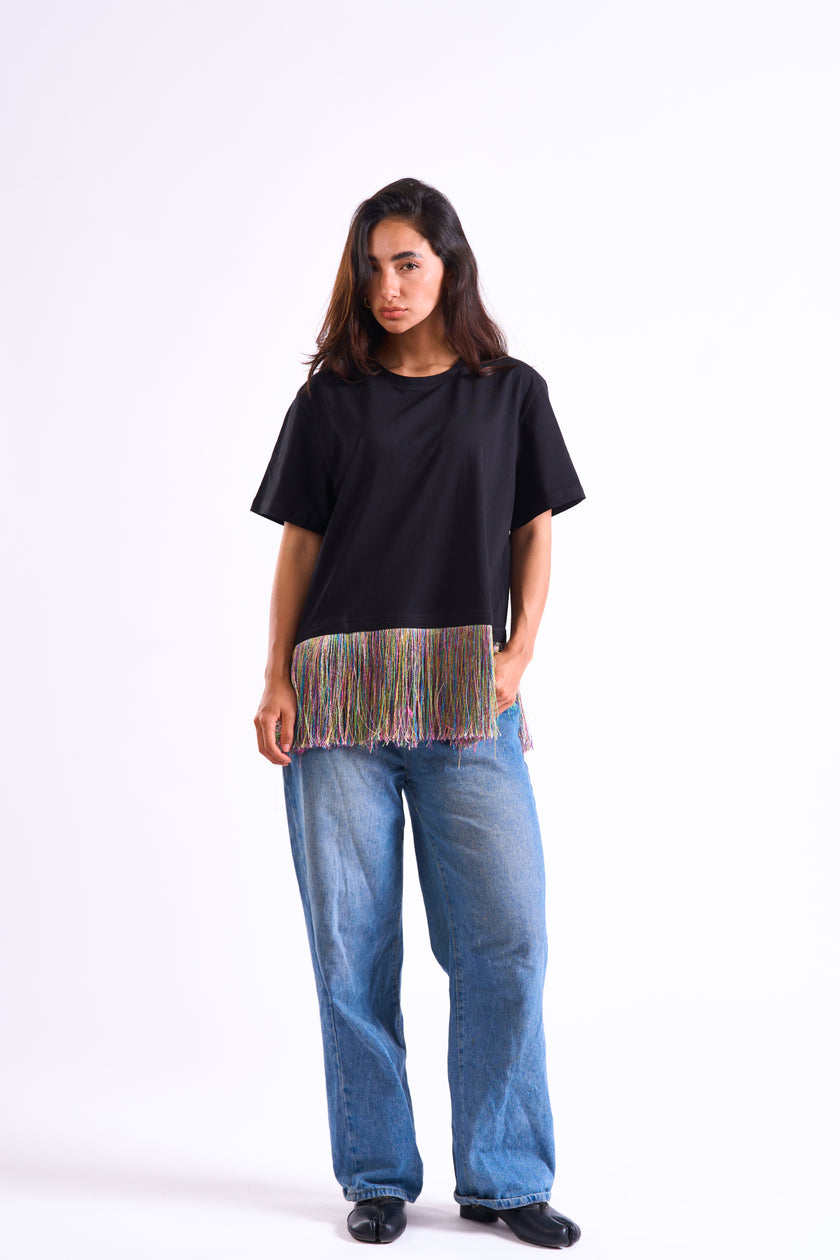 Bloom Gardens Fringe T-Shirt – Black / Multicolor Fringe