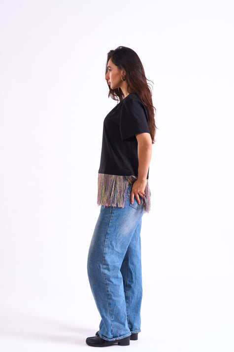 Bloom Gardens Fringe T-Shirt – Black / Multicolor Fringe