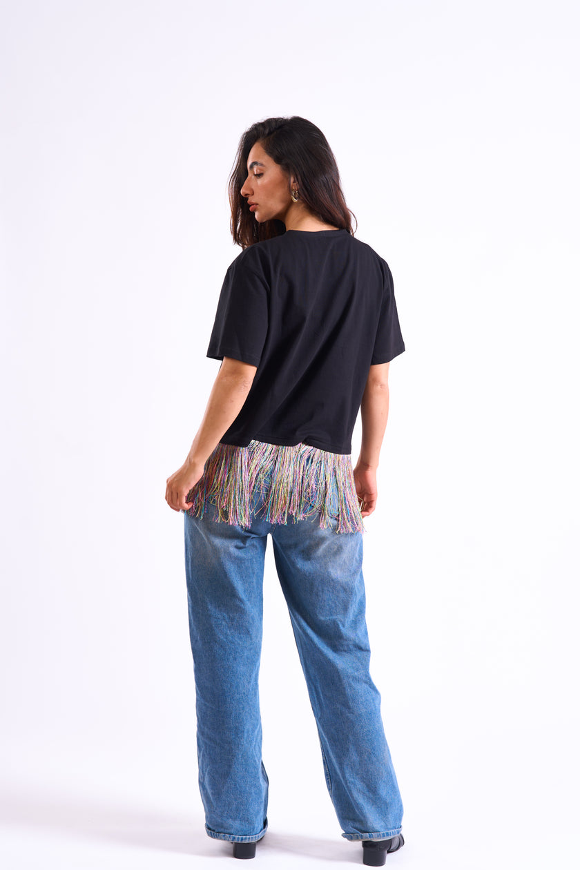 Bloom Gardens Fringe T-Shirt – Black / Multicolor Fringe