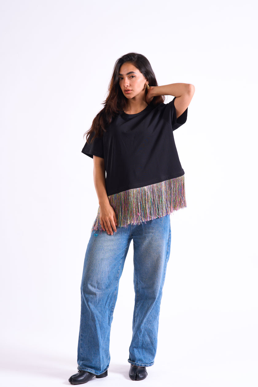 Bloom Gardens Fringe T-Shirt – Black / Multicolor Fringe