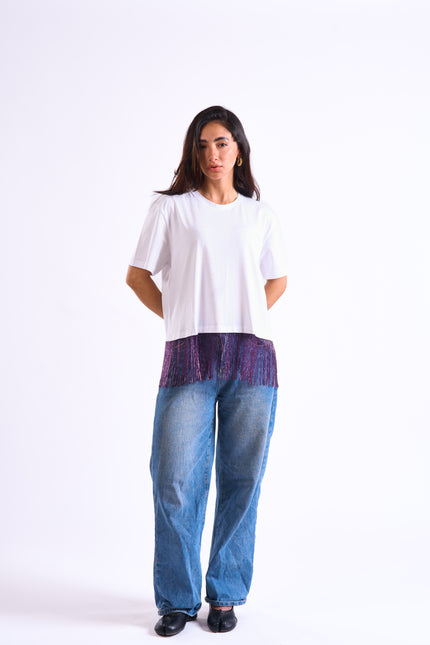 Bloom Gardens Fringe T-Shirt – White / Purple Fringe