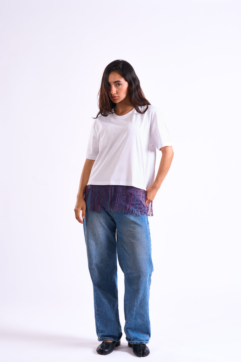 Bloom Gardens Fringe T-Shirt – White / Purple Fringe