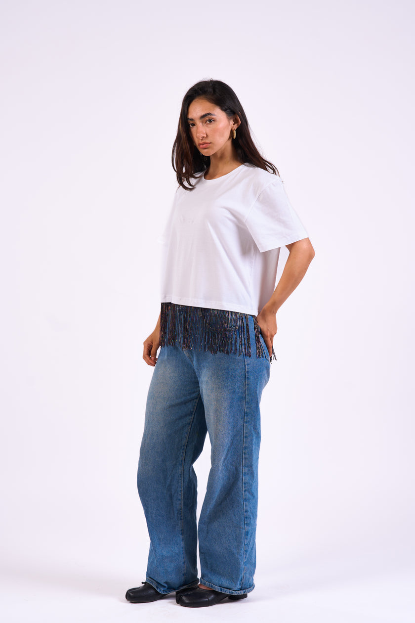 Bloom Gardens Fringe T-Shirt – White / Midnight Fringe