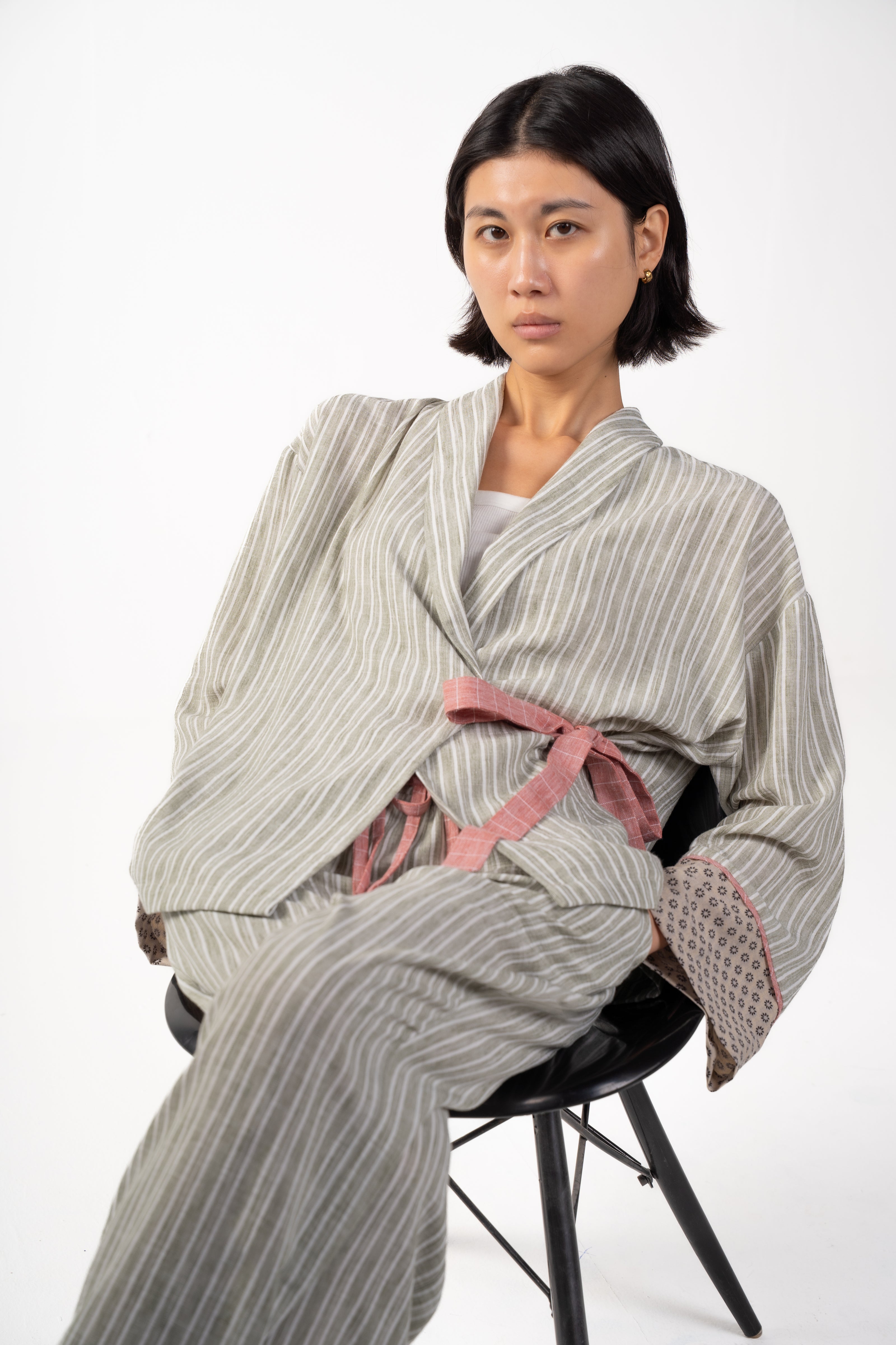 Olive Linen shirt with dotted sleeve