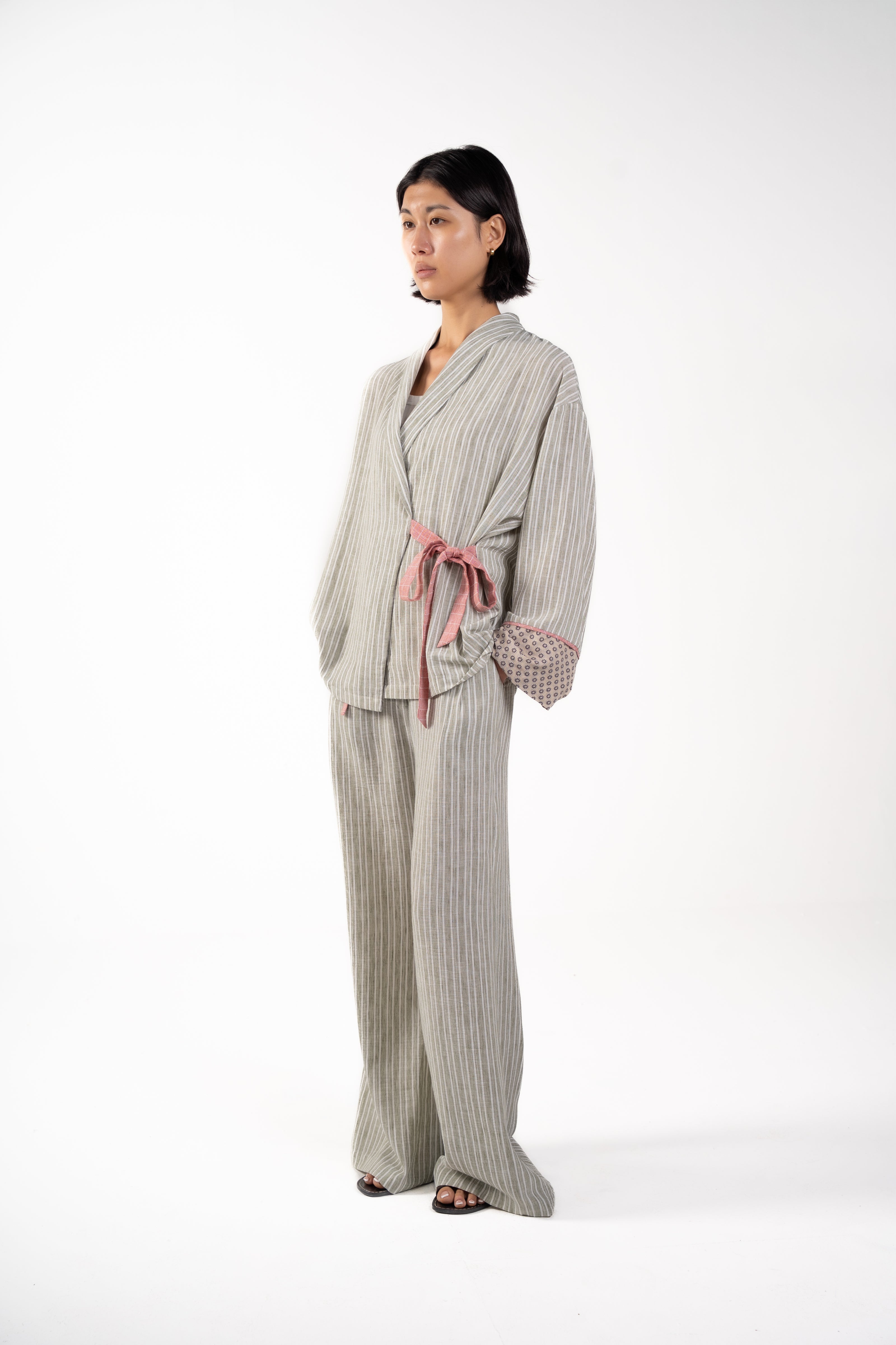 Olive Linen shirt with dotted sleeve