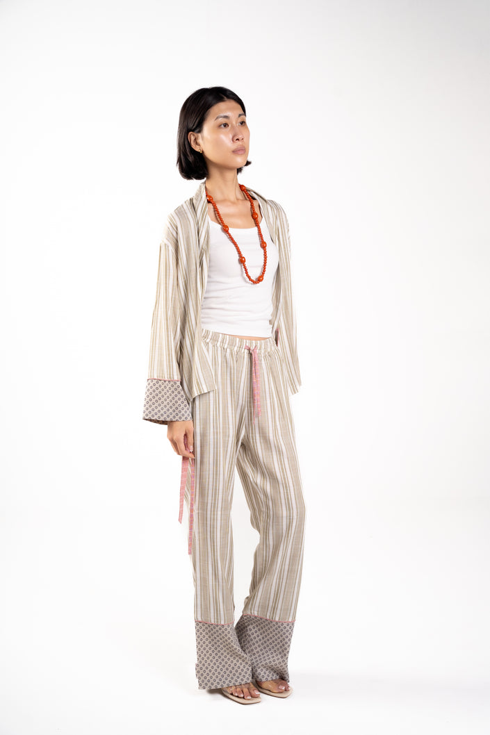 Beige Linen shirt with dotted sleeve