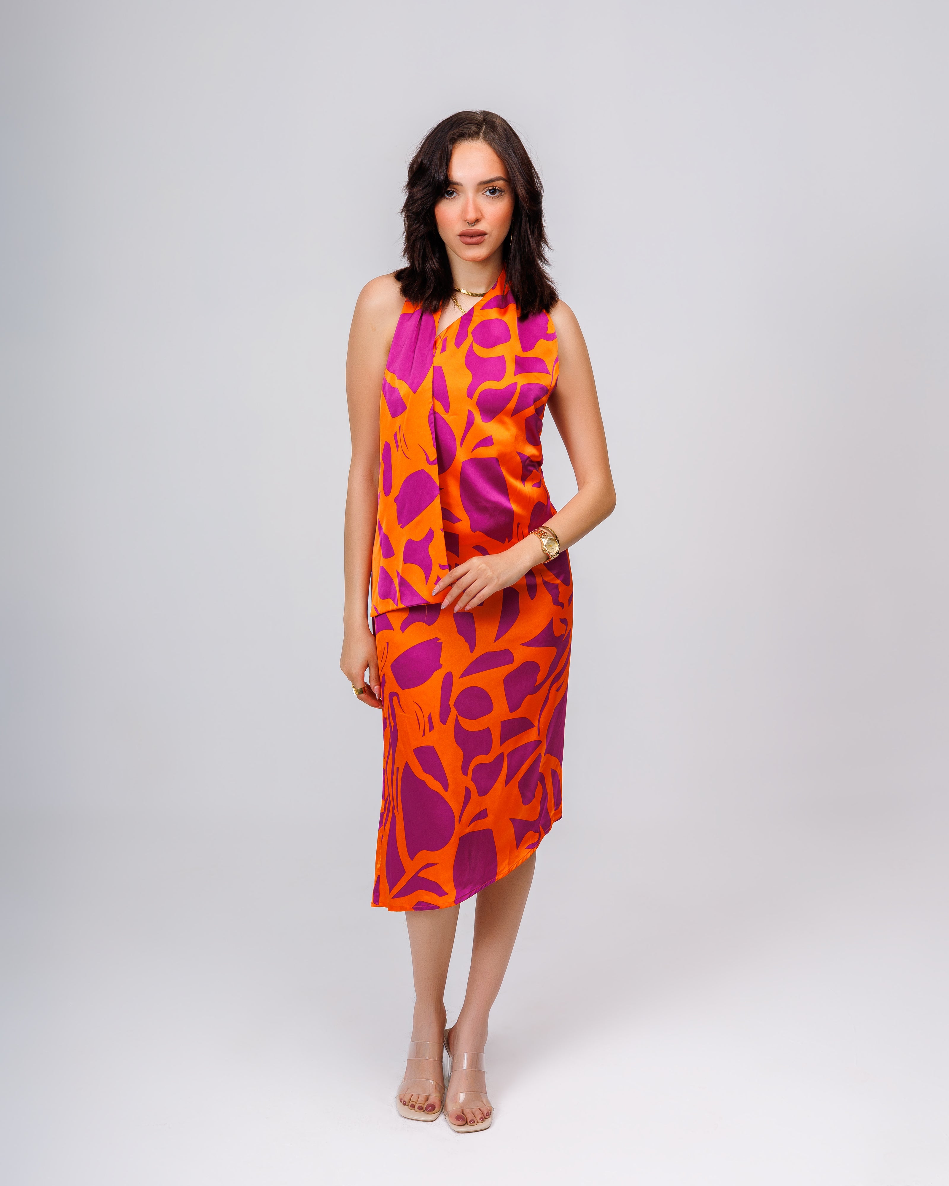 Silk dress with one side scarf tie