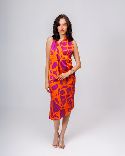 Silk dress with one side scarf tie